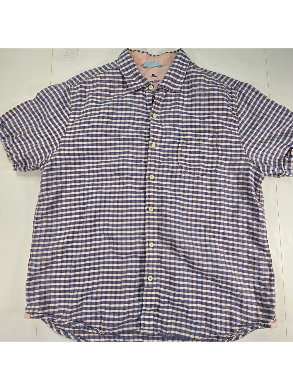 Tommy Bahama Relax blue tan check linen short sleeve button shirt XL TG